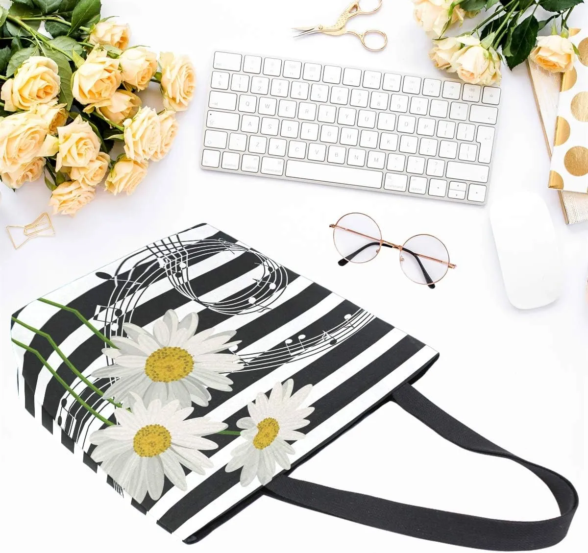 Naanle Daisies Canvas Tote Bag - Large Women's Casual Shoulder Handbag, Musical Daisies Reusable Multipurpose Heavy Duty Shopping Grocery Cotton Bag for Outdoors