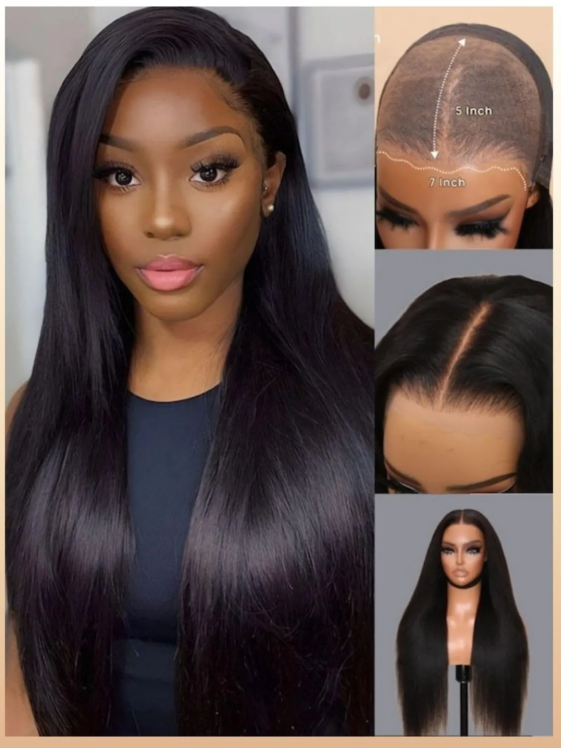 Nadula Bye Bye Knots Yaki Straight Glueless Wig Human Hair with Elastic Drawstring Pre Cut 7x5 Invisible Knots HD Lace Front Put on and Go Wigs Pre Everything Glueless Light Kinky Staight Wigs 16inch