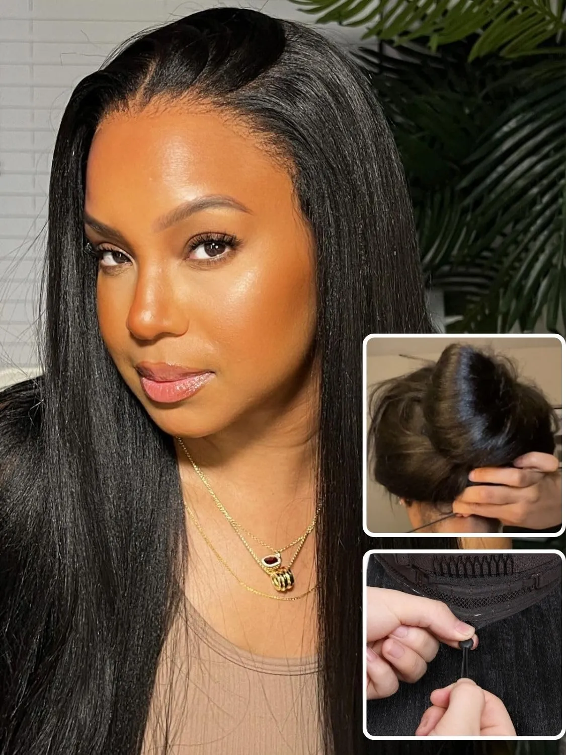Nadula Bye Bye Knots Yaki Straight Glueless Wig Human Hair with Elastic Drawstring Pre Cut 7x5 Invisible Knots HD Lace Front Put on and Go Wigs Pre Everything Glueless Light Kinky Staight Wigs 16inch
