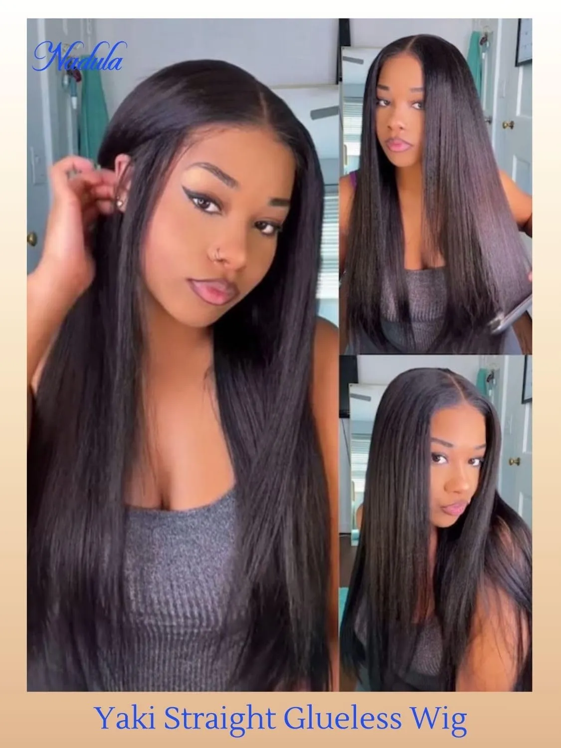 Nadula Bye Bye Knots Yaki Straight Glueless Wig Human Hair with Elastic Drawstring Pre Cut 7x5 Invisible Knots HD Lace Front Put on and Go Wigs Pre Everything Glueless Light Kinky Staight Wigs 16inch