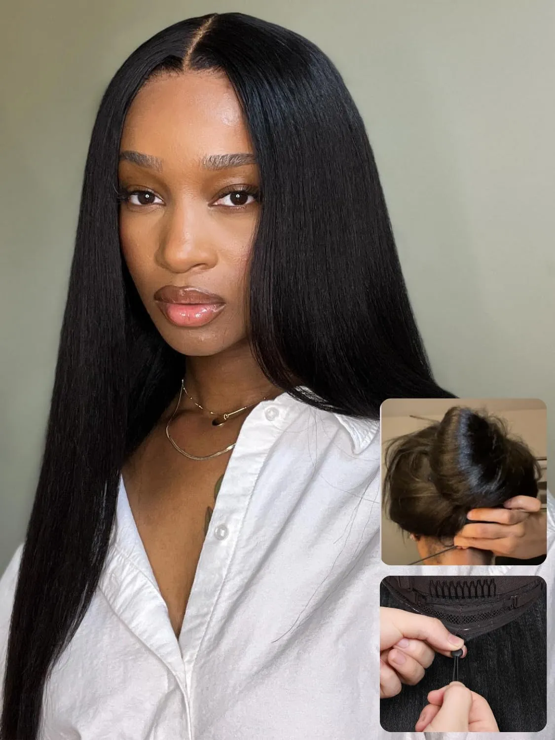 Nadula Bye Bye Knots Yaki Straight Glueless Wig Human Hair with Elastic Drawstring Pre Cut 7x5 Invisible Knots HD Lace Front Put on and Go Wigs Pre Everything Glueless Light Kinky Staight Wigs 16inch