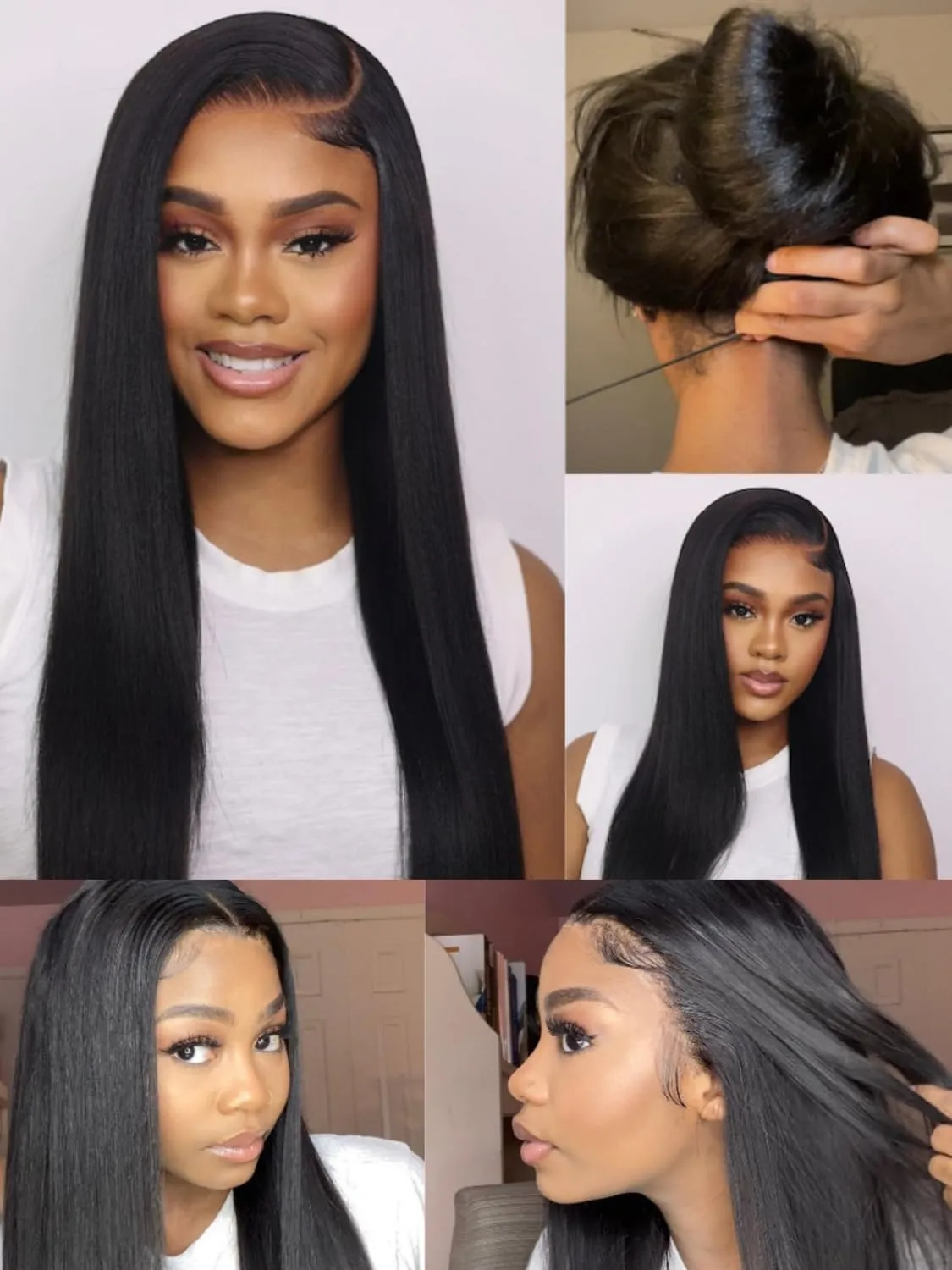 Nadula Bye Bye Knots Yaki Straight Glueless Wig Human Hair with Elastic Drawstring Pre Cut 7x5 Invisible Knots HD Lace Front Put on and Go Wigs Pre Everything Glueless Light Kinky Staight Wigs 16inch