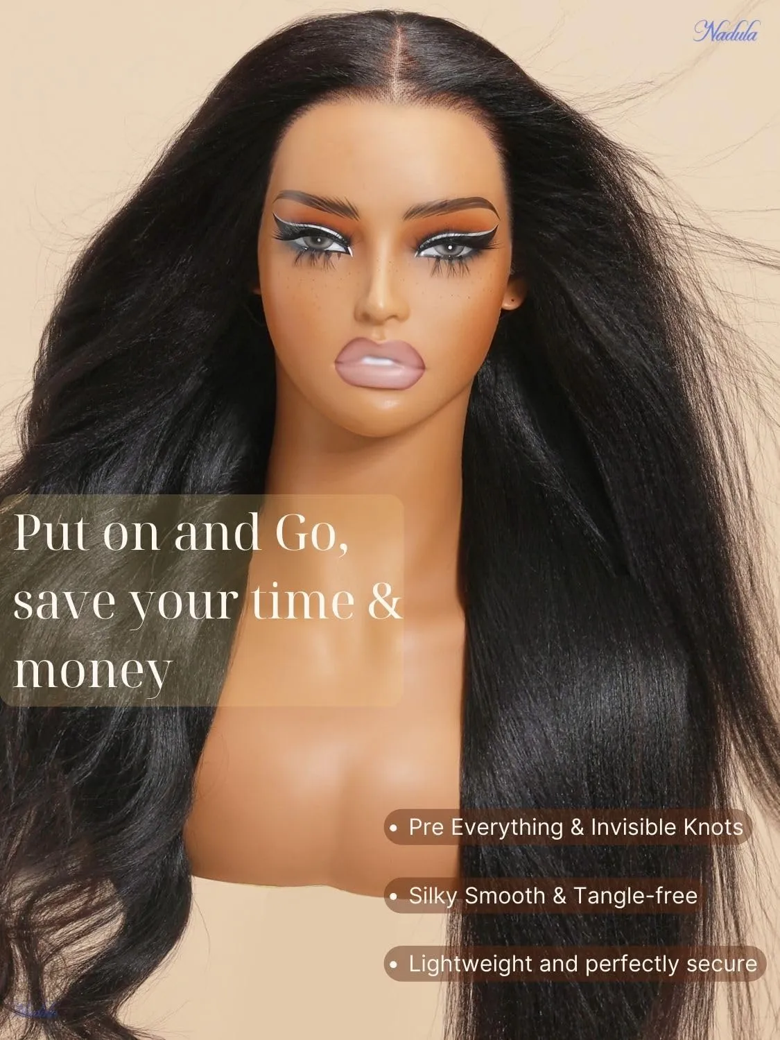 Nadula Bye Bye Knots Yaki Straight Glueless Wig Human Hair with Elastic Drawstring Pre Cut 7x5 Invisible Knots HD Lace Front Put on and Go Wigs Pre Everything Glueless Light Kinky Staight Wigs 16inch