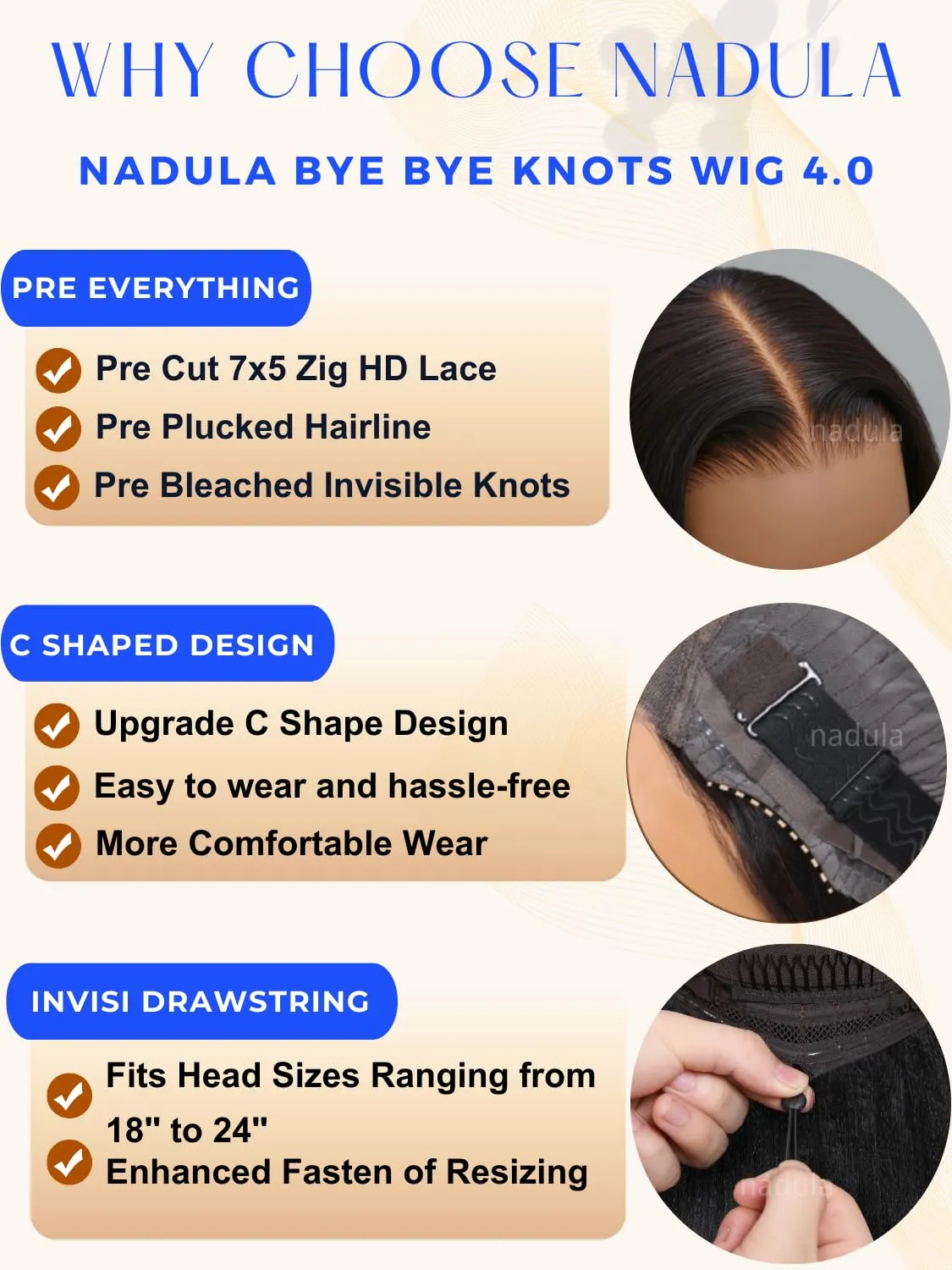 Nadula Bye Bye Knots Yaki Straight Glueless Wig Human Hair with Elastic Drawstring Pre Cut 7x5 Invisible Knots HD Lace Front Put on and Go Wigs Pre Everything Glueless Light Kinky Staight Wigs 16inch