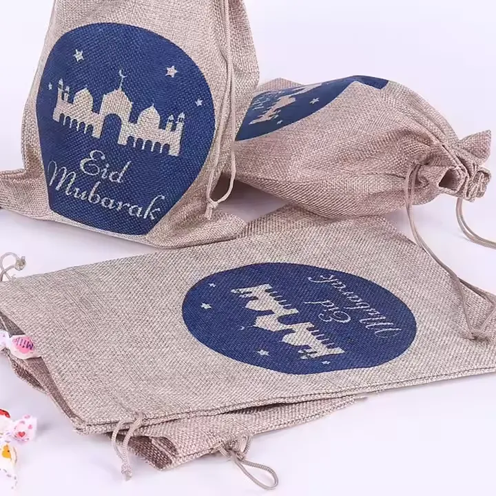 Natural Linen Eid Mubarak Drawstring Gift Bags with Blue Mosque Design