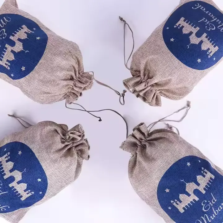 Natural Linen Eid Mubarak Drawstring Gift Bags with Blue Mosque Design