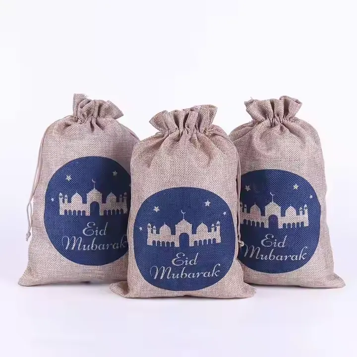 Natural Linen Eid Mubarak Drawstring Gift Bags with Blue Mosque Design