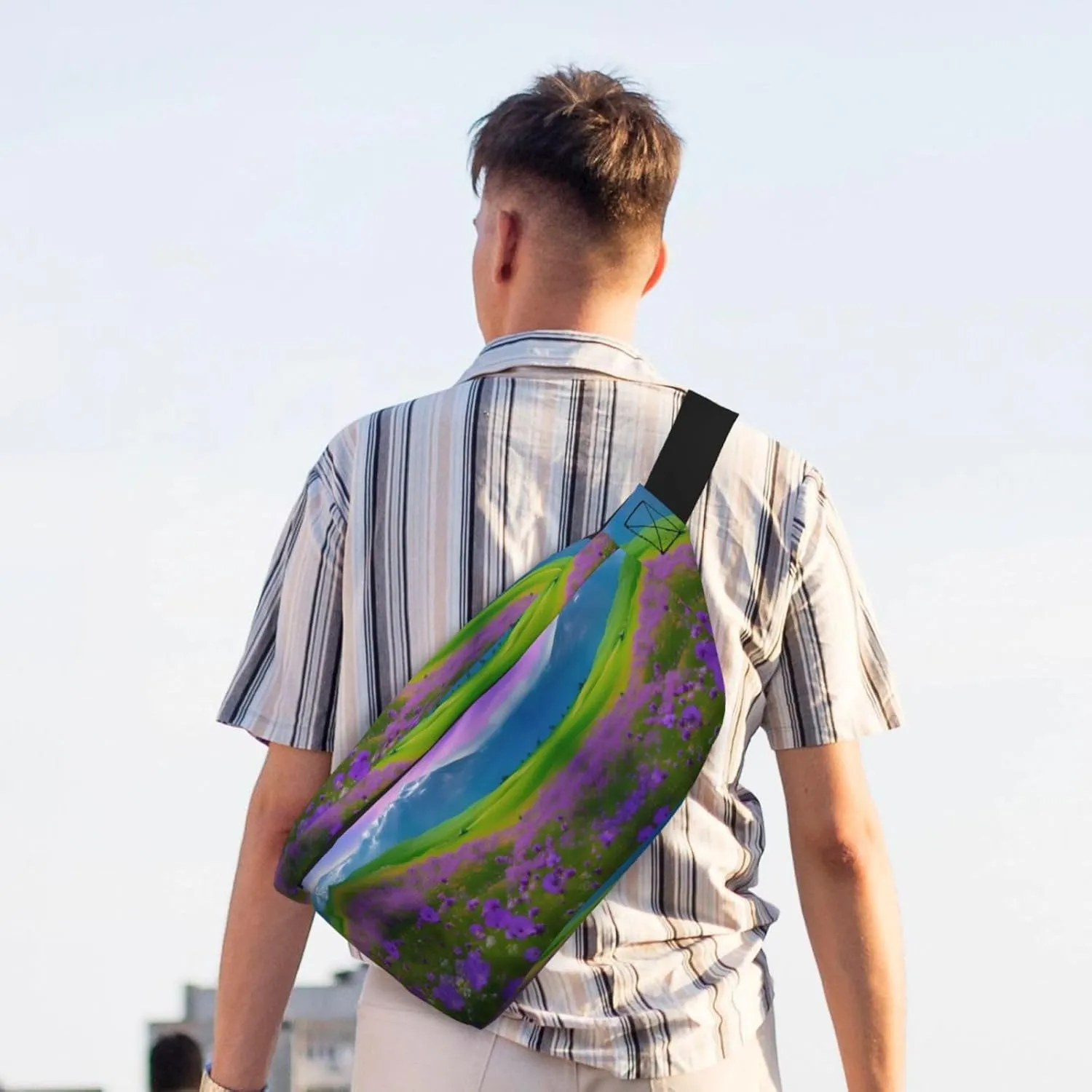 Nature Purple Flowers Meadow Mountain Scenic Fanny Pack Crossbody Sling Bag â€“ Zipper Pockets for Travel, Hiking, Cycling, Workouts, and Everyday Use