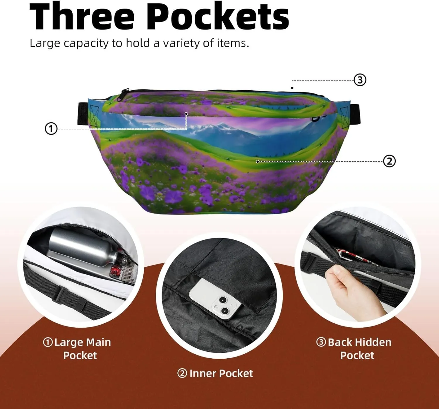 Nature Purple Flowers Meadow Mountain Scenic Fanny Pack Crossbody Sling Bag â€“ Zipper Pockets for Travel, Hiking, Cycling, Workouts, and Everyday Use