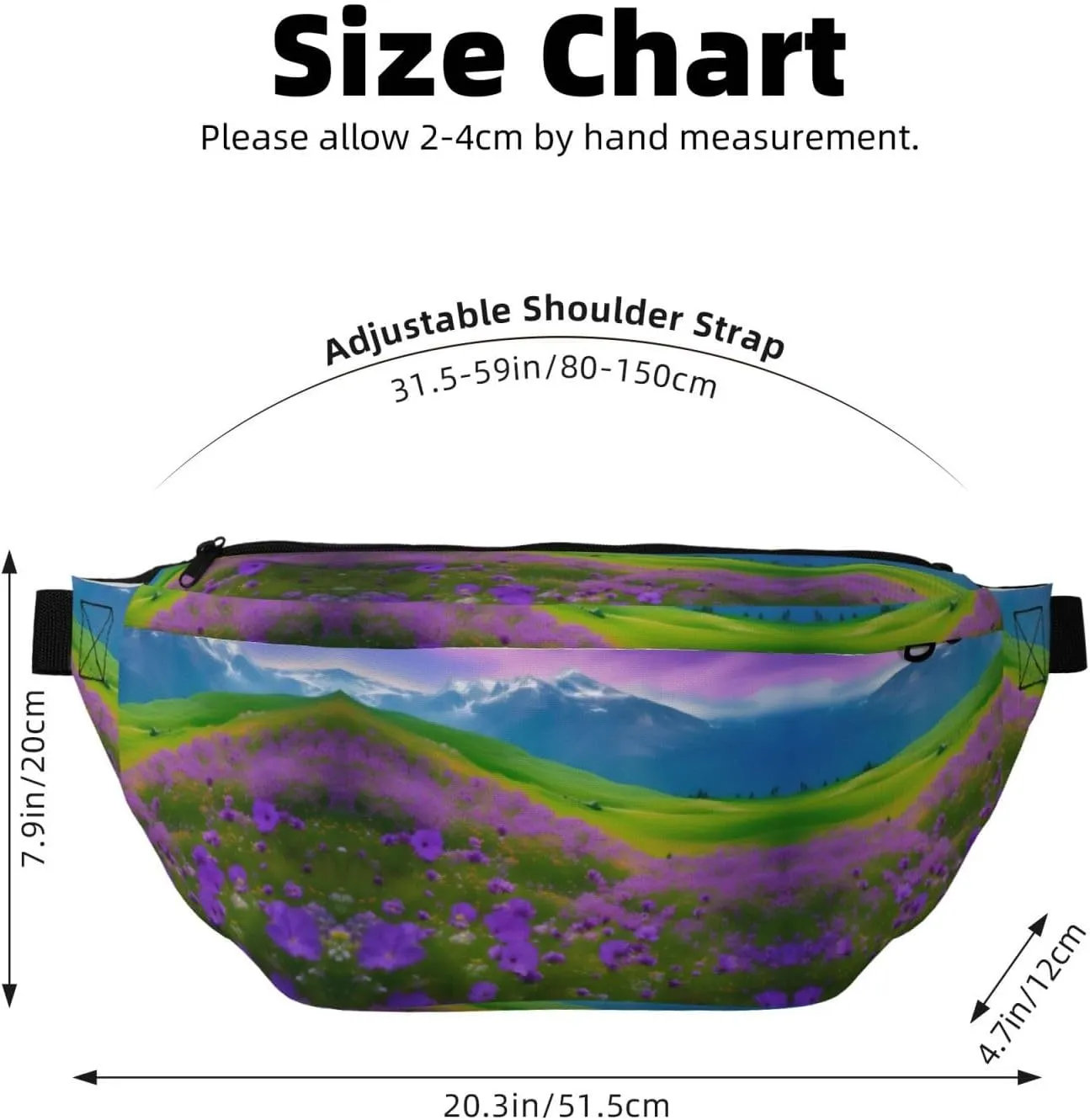 Nature Purple Flowers Meadow Mountain Scenic Fanny Pack Crossbody Sling Bag â€“ Zipper Pockets for Travel, Hiking, Cycling, Workouts, and Everyday Use