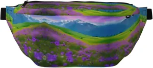 Nature Purple Flowers Meadow Mountain Scenic Fanny Pack Crossbody Sling Bag â€“ Zipper Pockets for Travel, Hiking, Cycling, Workouts, and Everyday Use