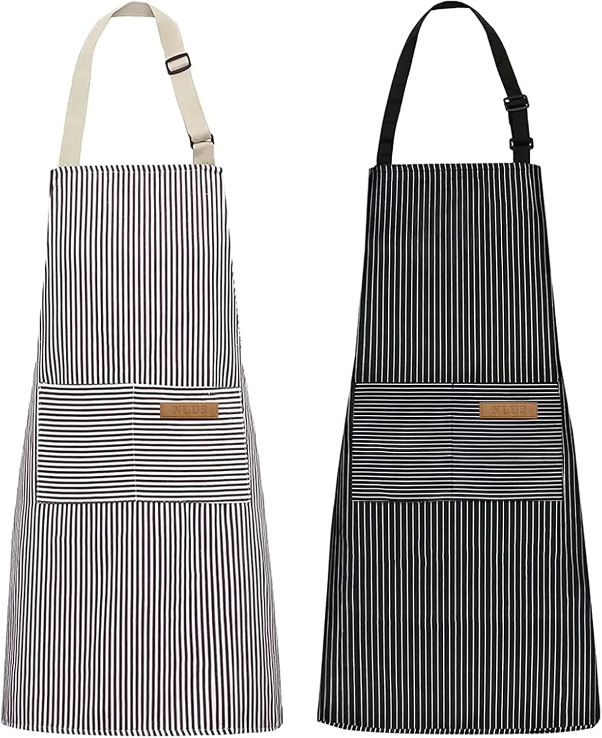 NLUS 2 Pack Kitchen Cooking Aprons, Adjustable Bib Soft Chef Apron with 2 Pockets for Men Women (Brown/Dark Black Strips)