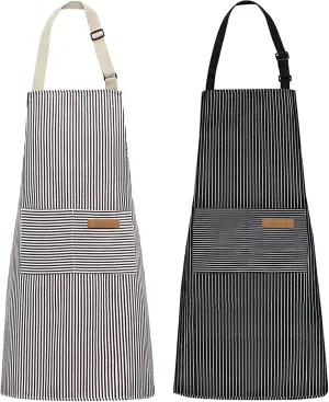NLUS 2 Pack Kitchen Cooking Aprons, Adjustable Bib Soft Chef Apron with 2 Pockets for Men Women (Brown/Dark Black Strips)