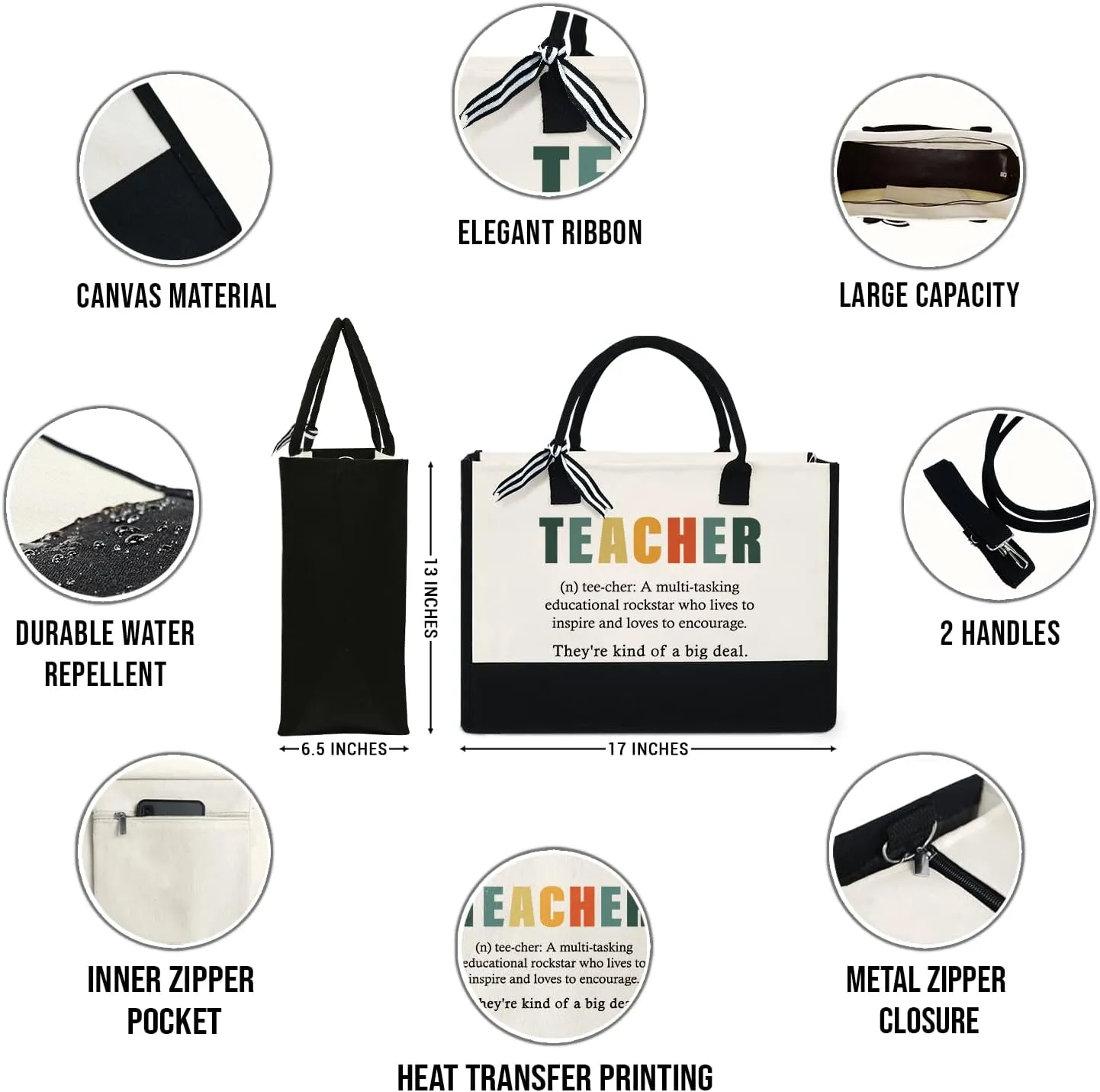 OASSIE Teacher Appreciation Gifts - Canvas Tote Bag 13oz With Zipper - Teacher's Day Birthday Thank You Gifts for Teachers