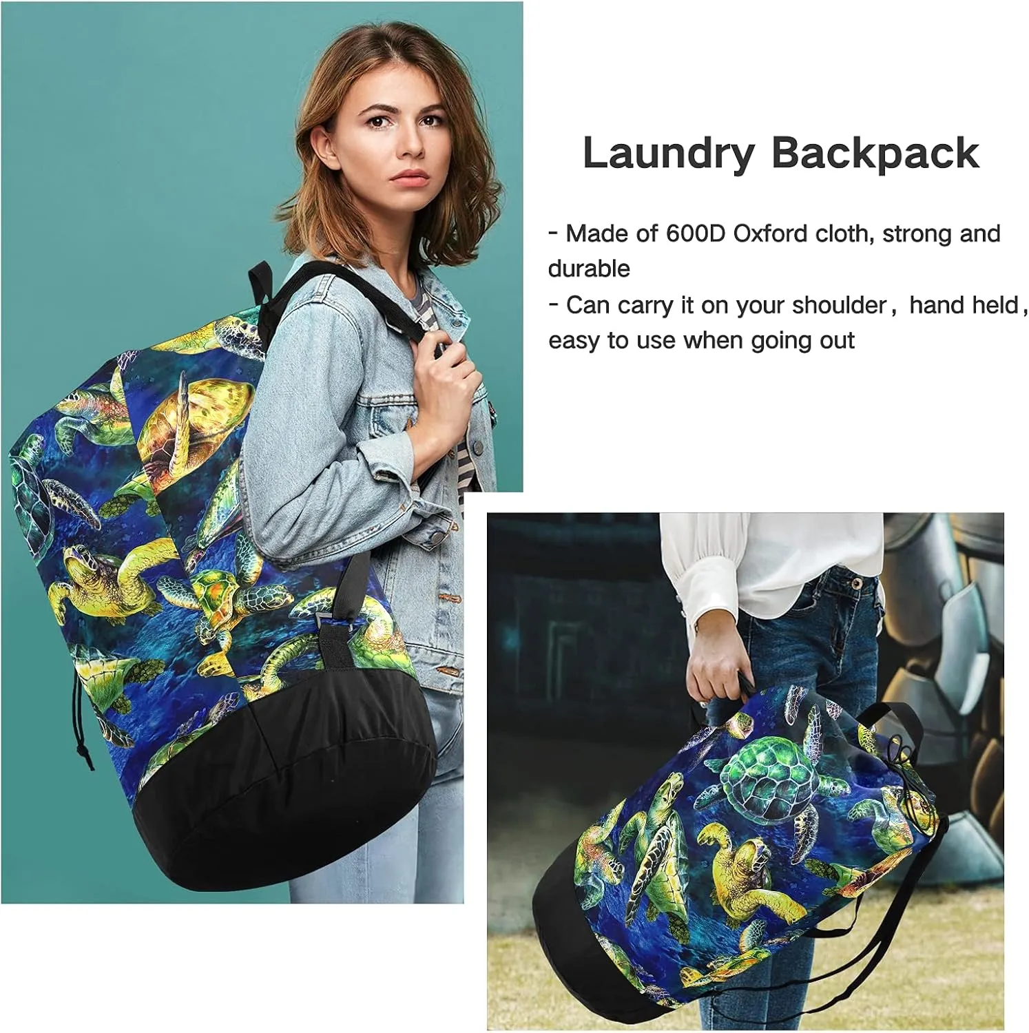 Ocean Sea Turtles Laundry Bag Large Heavy Duty Laundry Backpack with Shoulder Straps Waterproof Laundry bag for Traveling Camp Dirty Clothes Organizer for College Students