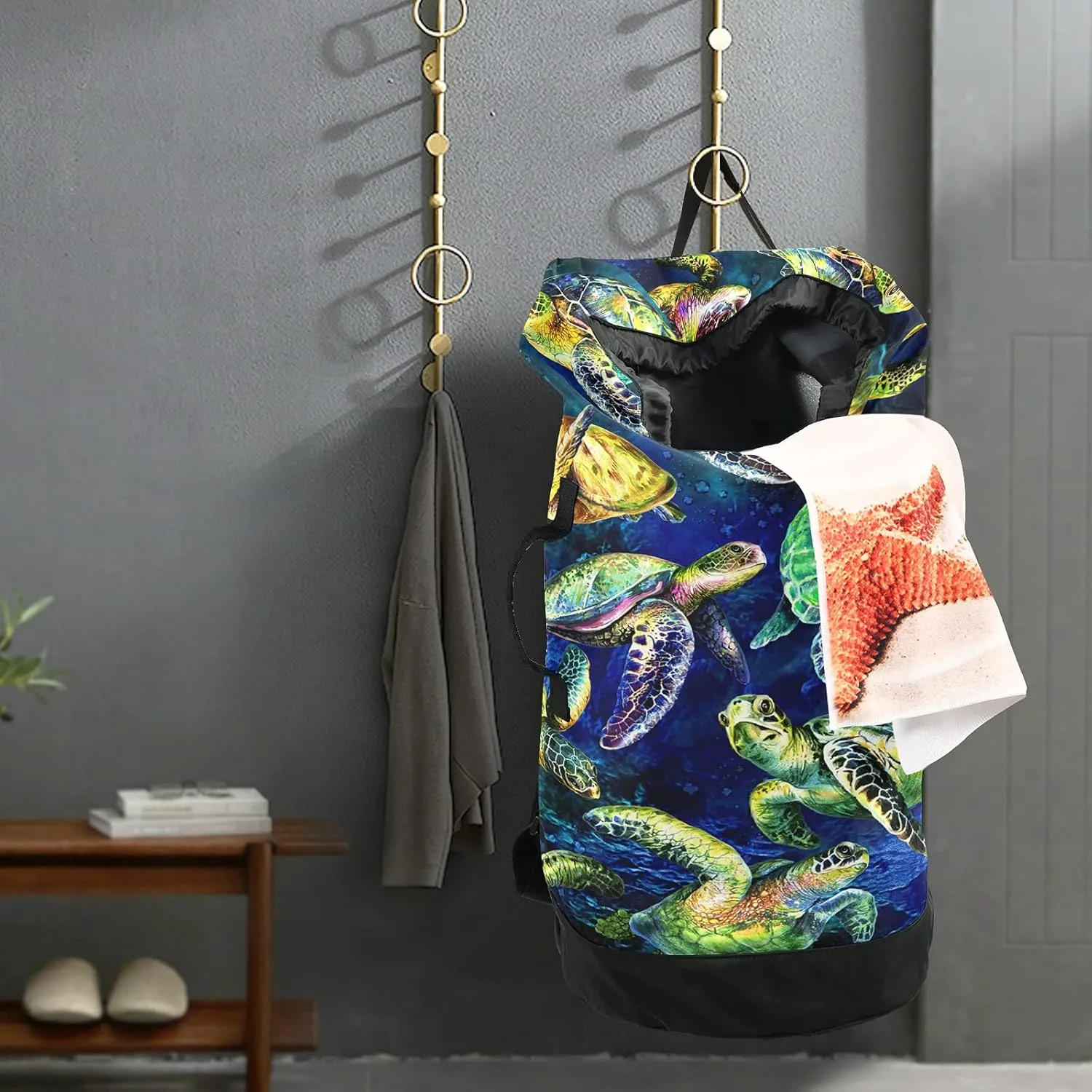 Ocean Sea Turtles Laundry Bag Large Heavy Duty Laundry Backpack with Shoulder Straps Waterproof Laundry bag for Traveling Camp Dirty Clothes Organizer for College Students