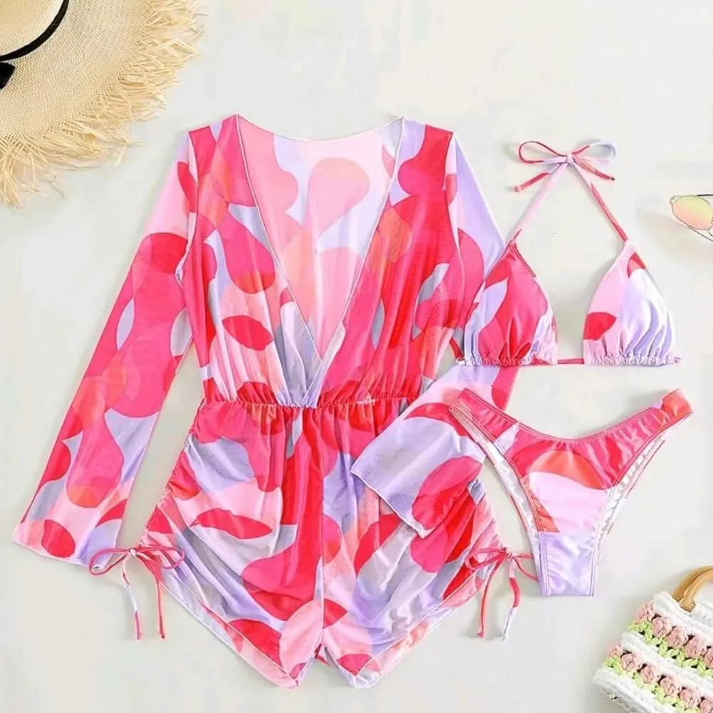 ODASDO Women's Sexy 3 Piece Swimsuits Halter Triangle Bikini Sets with Long Sleeve Mesh Cover Ups Romper Bathing Suits