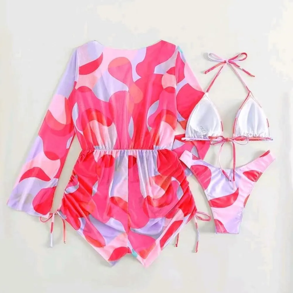 ODASDO Women's Sexy 3 Piece Swimsuits Halter Triangle Bikini Sets with Long Sleeve Mesh Cover Ups Romper Bathing Suits