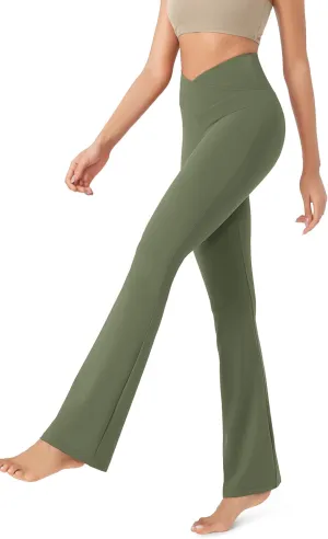 ODODOS Women's Cross Waist Bootcut Yoga Pants with Inner Pocket, Non See Through Bootleg Gym Workout Pants
