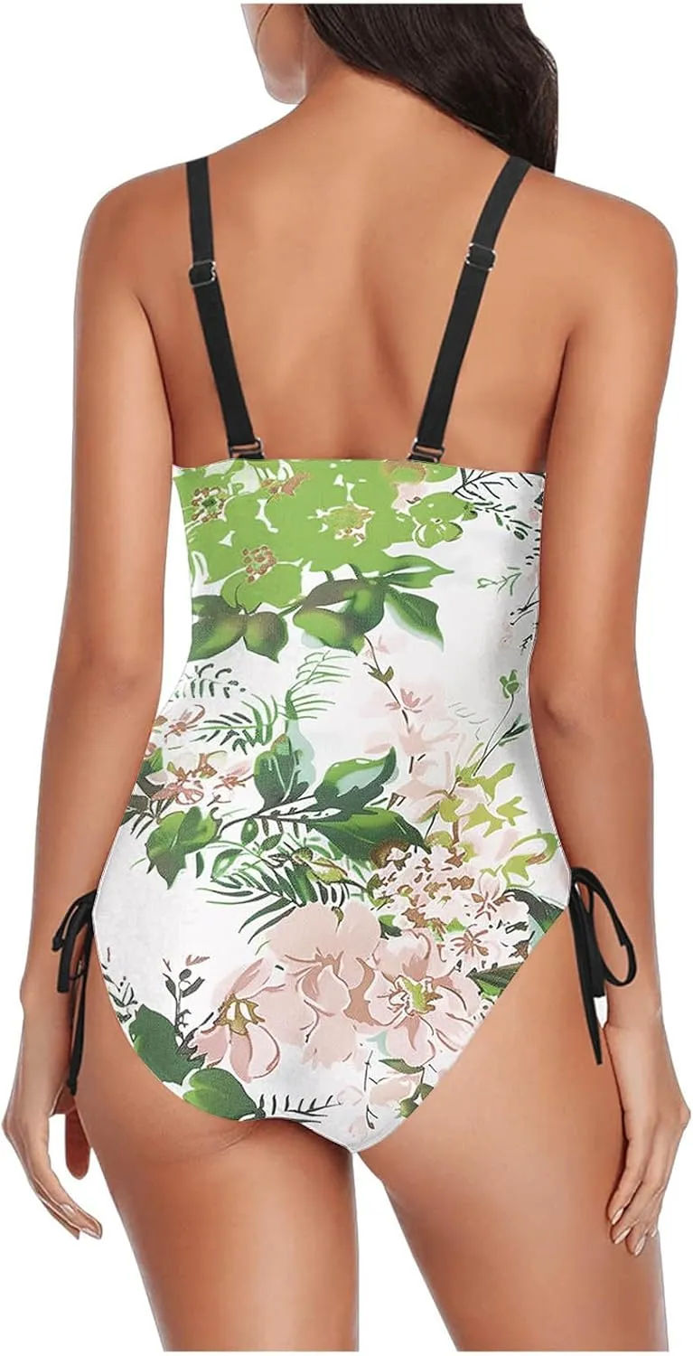 One Piece Swimsuit Women 2025 Vintage Tummy Control One Piece Bathing Suits V Neck Boho Floral Print Swimwear