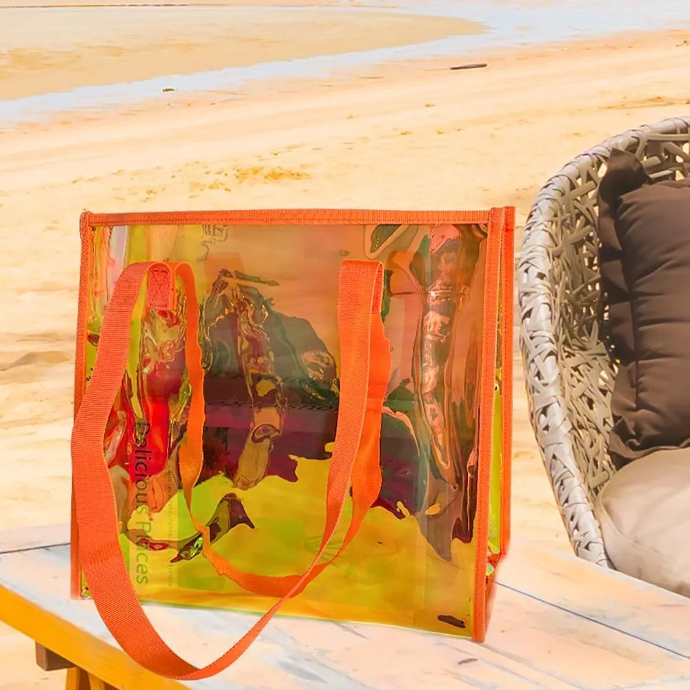 ONEART Iridescent Clear Tote Bag, Fashion Holographic Waterproof Beach Bag, Shoulder Handbag for Shopping, Gym, Travel