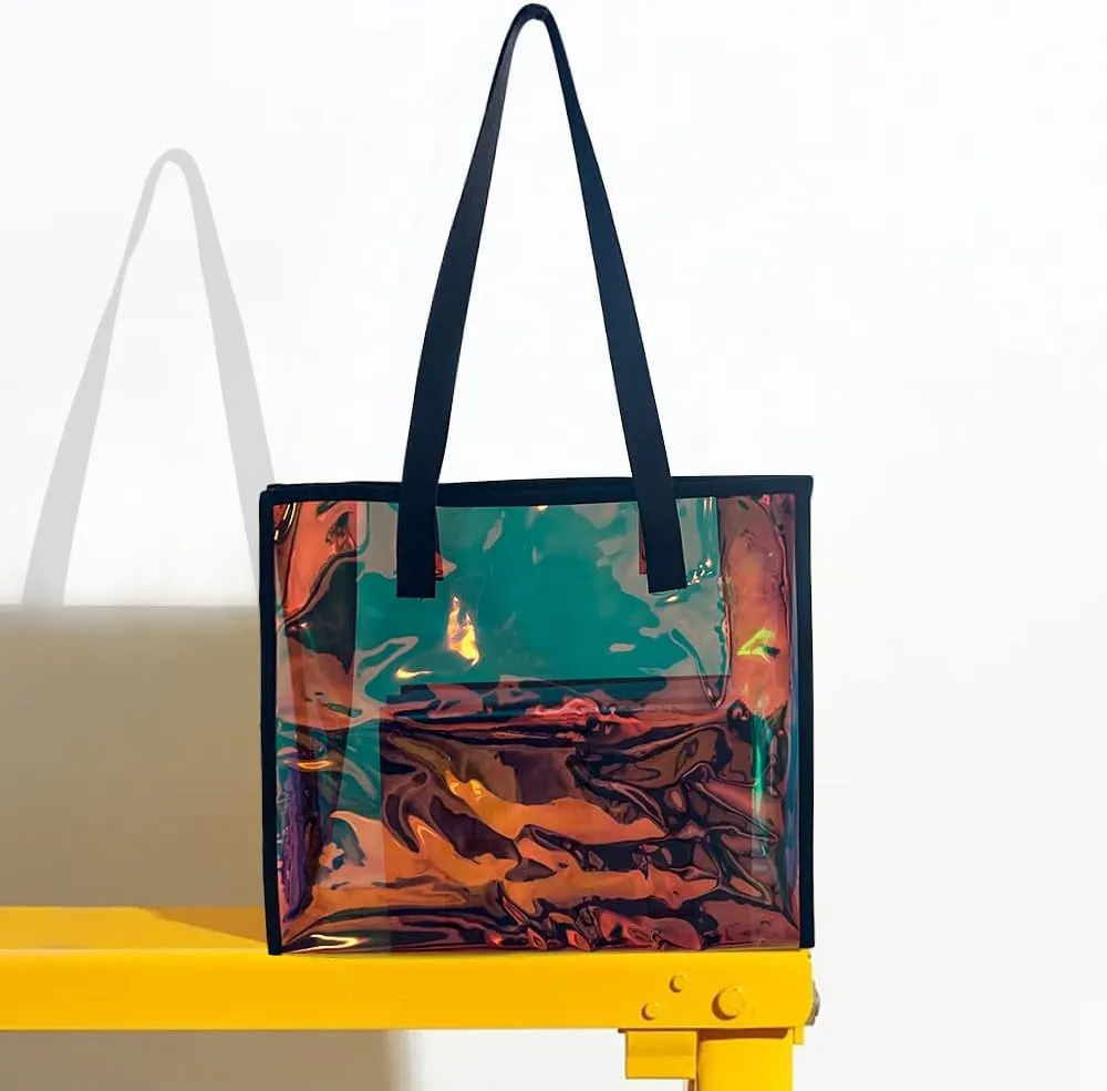 ONEART Iridescent Clear Tote Bag, Fashion Holographic Waterproof Beach Bag, Shoulder Handbag for Shopping, Gym, Travel