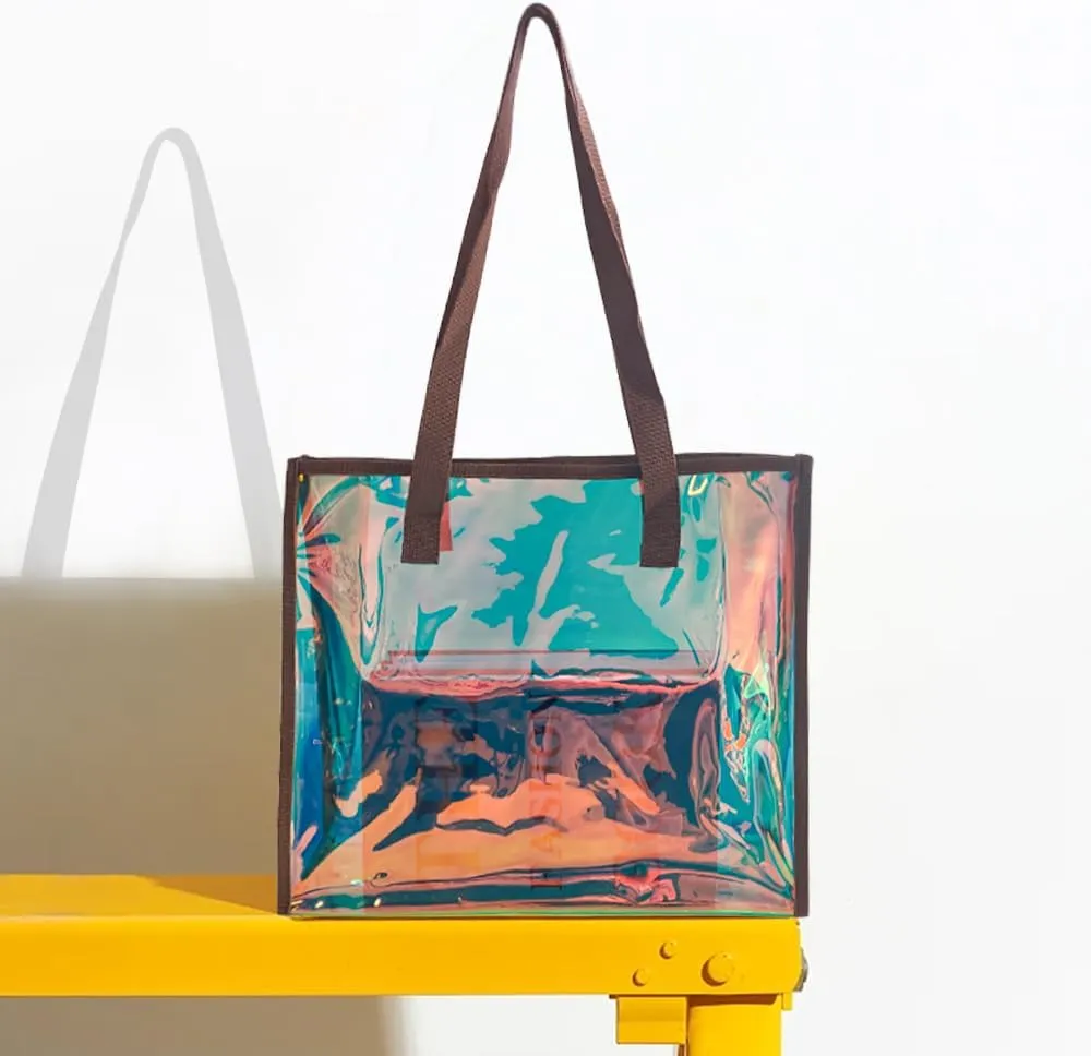 ONEART Iridescent Clear Tote Bag, Fashion Holographic Waterproof Beach Bag, Shoulder Handbag for Shopping, Gym, Travel