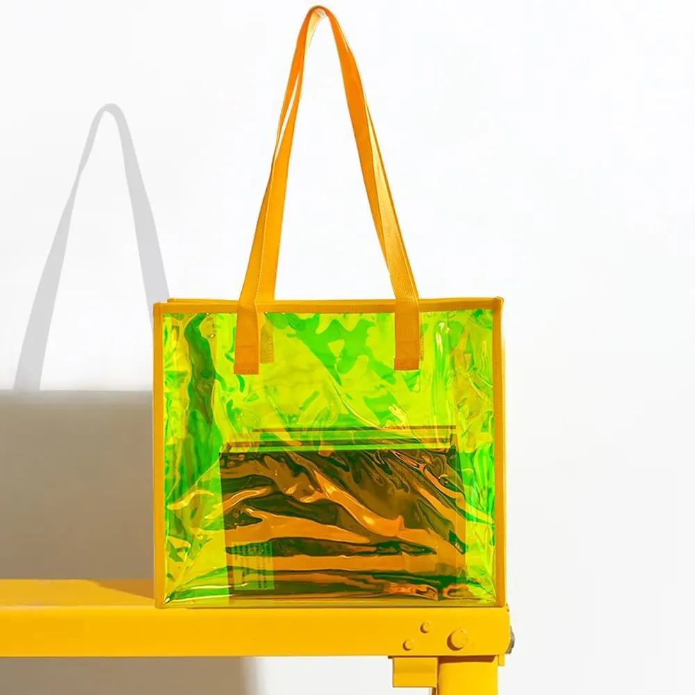 ONEART Iridescent Clear Tote Bag, Fashion Holographic Waterproof Beach Bag, Shoulder Handbag for Shopping, Gym, Travel