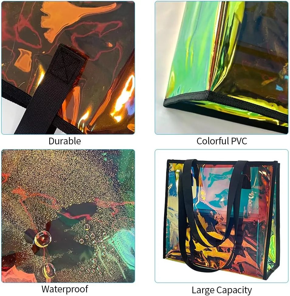 ONEART Iridescent Clear Tote Bag, Fashion Holographic Waterproof Beach Bag, Shoulder Handbag for Shopping, Gym, Travel
