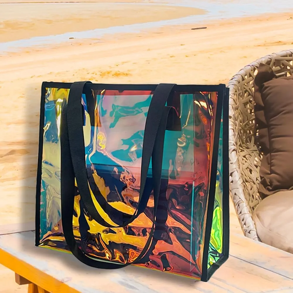 ONEART Iridescent Clear Tote Bag, Fashion Holographic Waterproof Beach Bag, Shoulder Handbag for Shopping, Gym, Travel