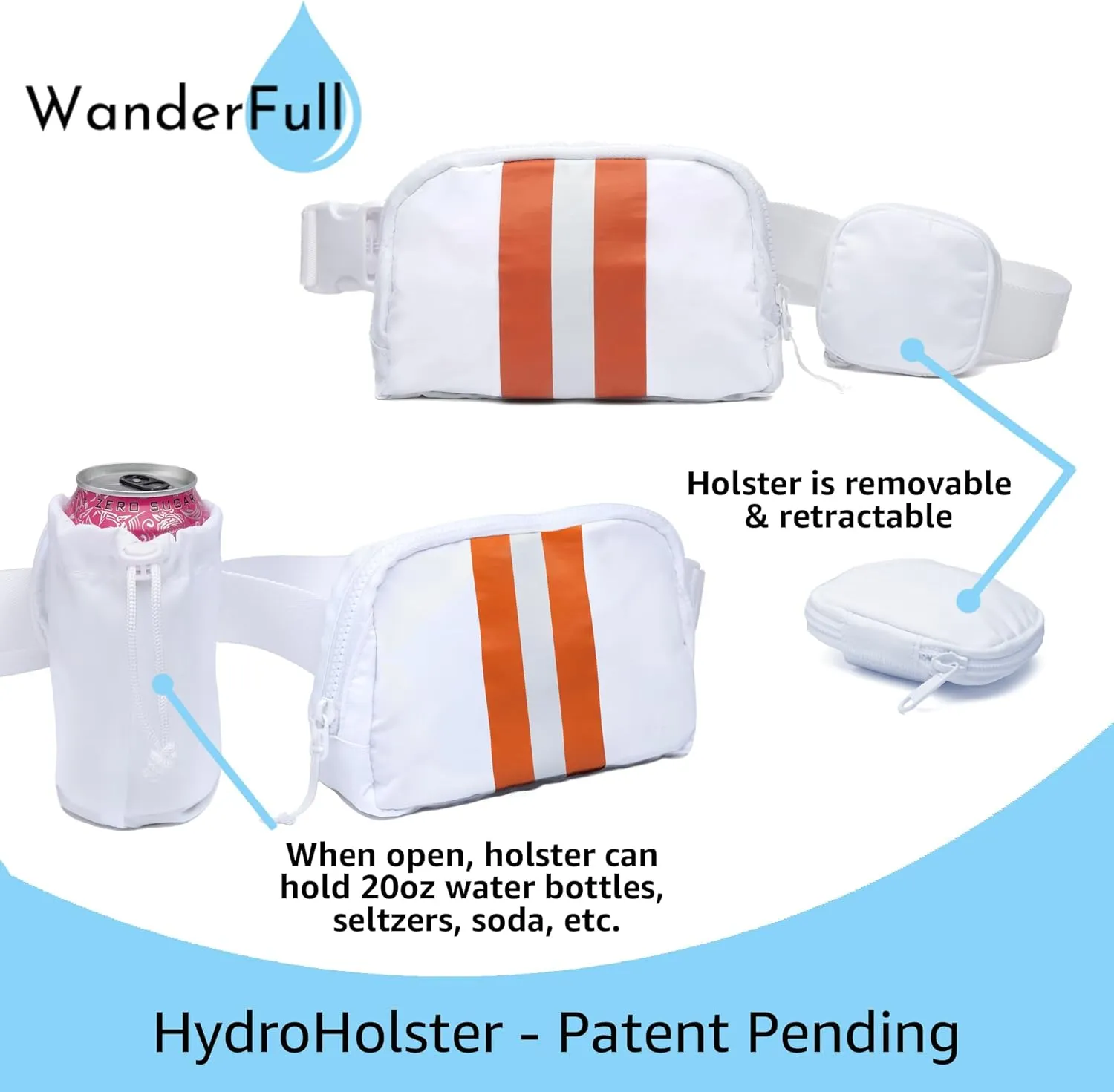 Original Crossbody HydroBeltbag | Fanny Pack with Removable Water Bottle Holder | Adjustable Waist Bag for Carrying Your Purse, Phone, Accessories (Burnt Orange/White Stripe)