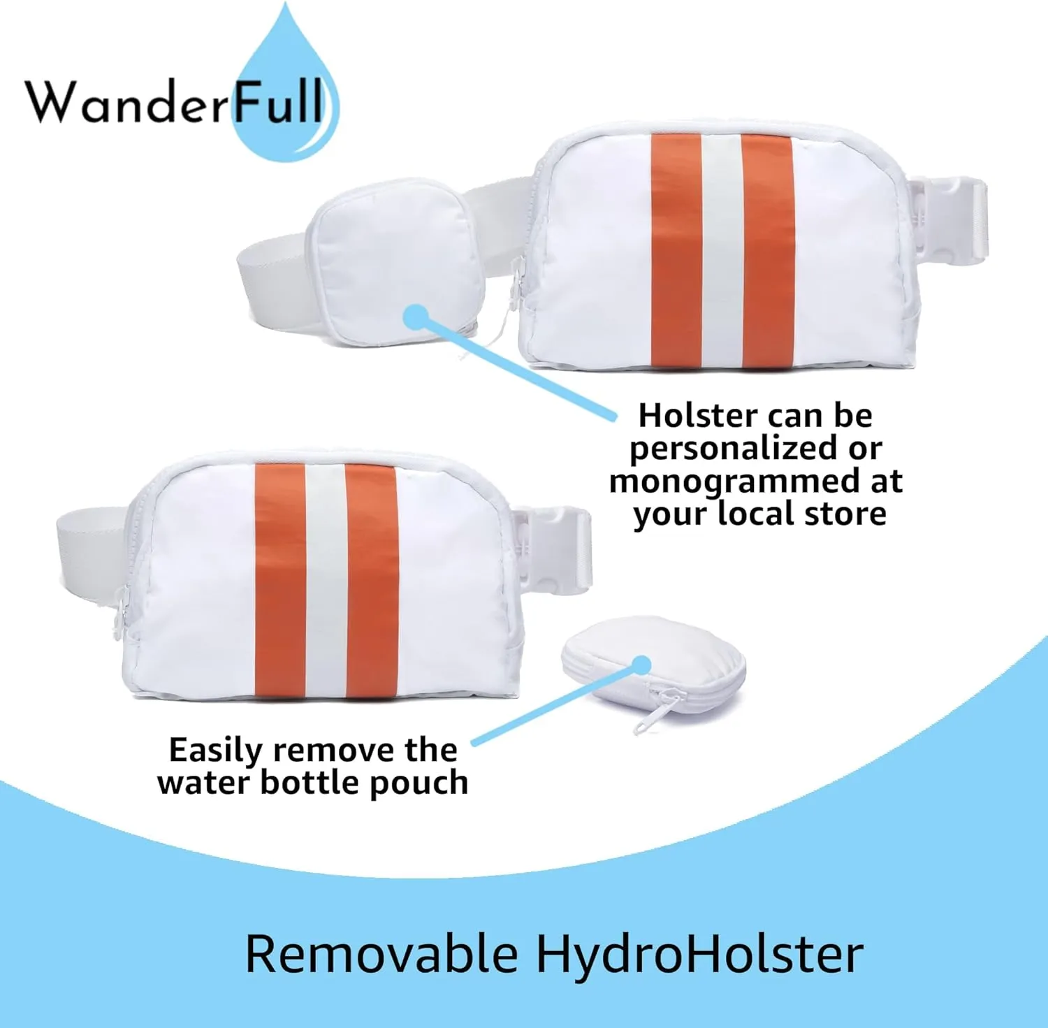 Original Crossbody HydroBeltbag | Fanny Pack with Removable Water Bottle Holder | Adjustable Waist Bag for Carrying Your Purse, Phone, Accessories (Burnt Orange/White Stripe)