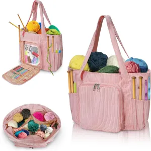 ORKELS Corduroy Crochet Tote & Yarn Bag – Portable Organizer for Yarn, Hooks & Accessories – Ideal Gift for Crocheters & Mother's Day (Pink-15''x6.3''x12.6'')