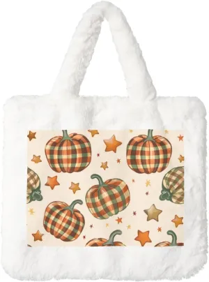 OSAM SPACE Pumpkins Plaid Women Tote Bag, Thanksgiving Cute Fuzzy Plush Shoulder Bag, Purse Coin Pouch Accessories Tote Handbag for Winter Daily Work Dating