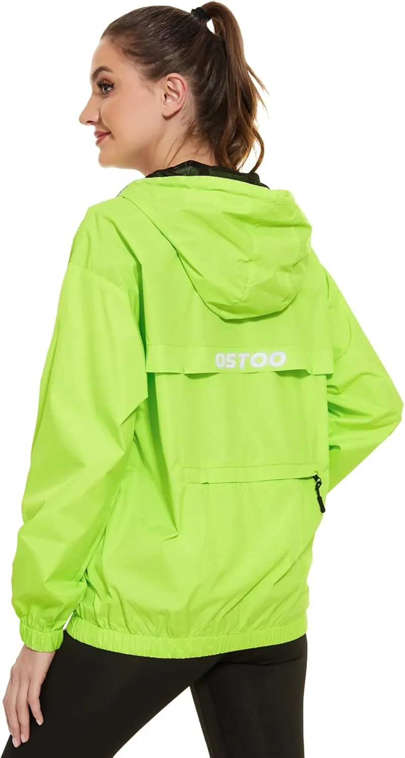 OSTOO Women's Running Cycling Lightweight Rain Jacket Waterproof with Hood Hiking Wind Breakers Pullover