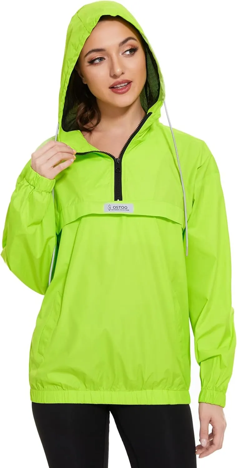 OSTOO Women's Running Cycling Lightweight Rain Jacket Waterproof with Hood Hiking Wind Breakers Pullover