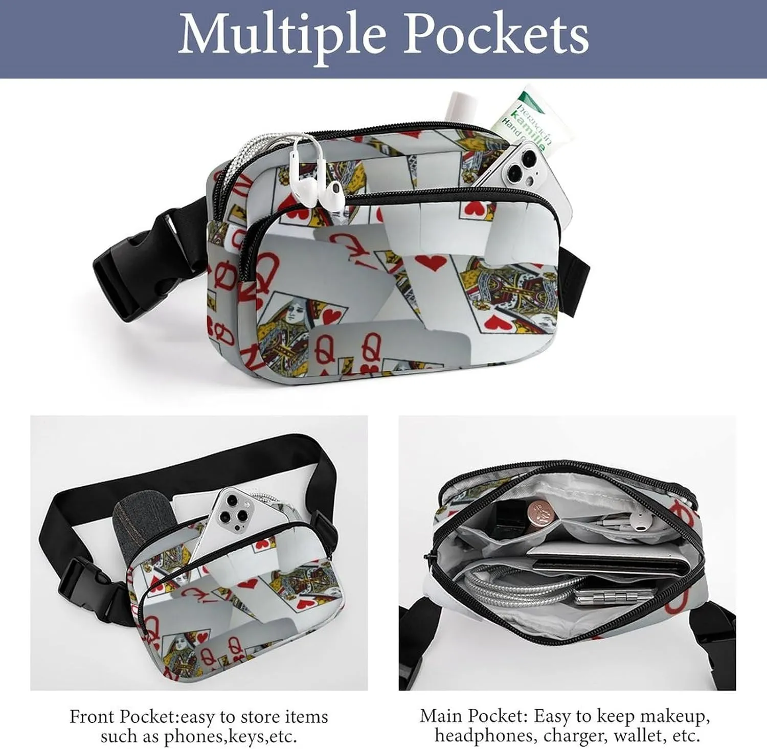 Page Full Of Queens Playing Cards Large Capacity Portable All Print Waist Bag