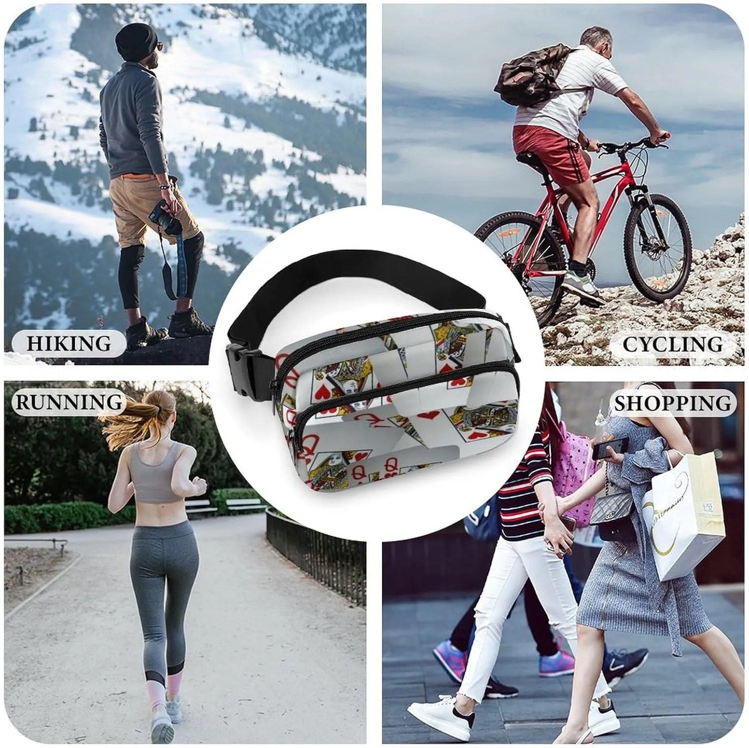 Page Full Of Queens Playing Cards Large Capacity Portable All Print Waist Bag