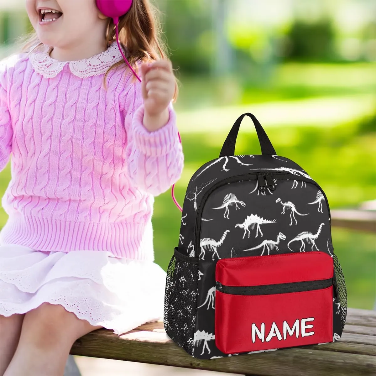 Pardick Personalized Kids Backpack School Bag for Boys, Animal Dinosaur Retro Skull Custom Toddler Bookbag with Name, Mini Backpack for School & Travel Kindergarten Elementary Bag 12in