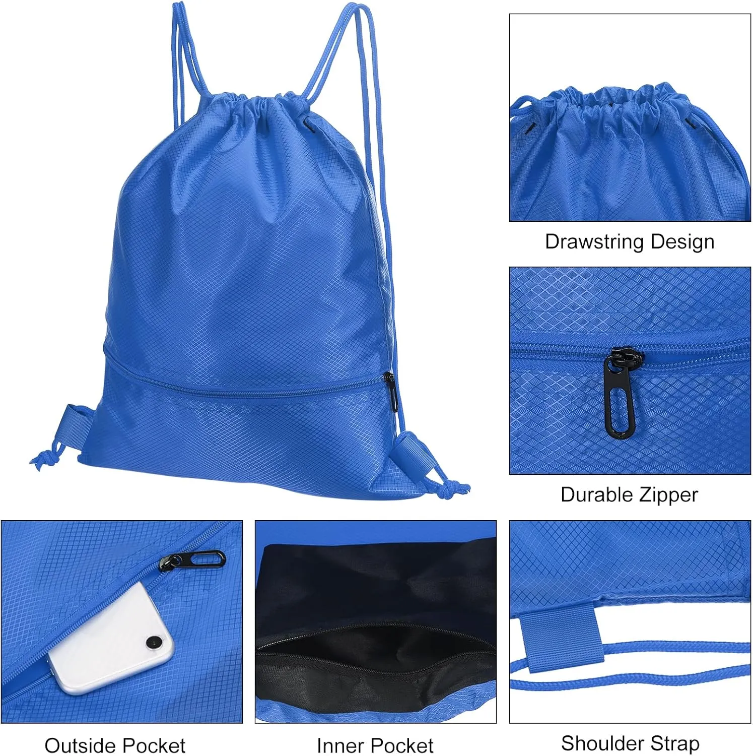 PATIKIL Drawstring Backpack Bag, Drawstring Gym Bags String Backpack with Zip Pocket for Women Men, Blue