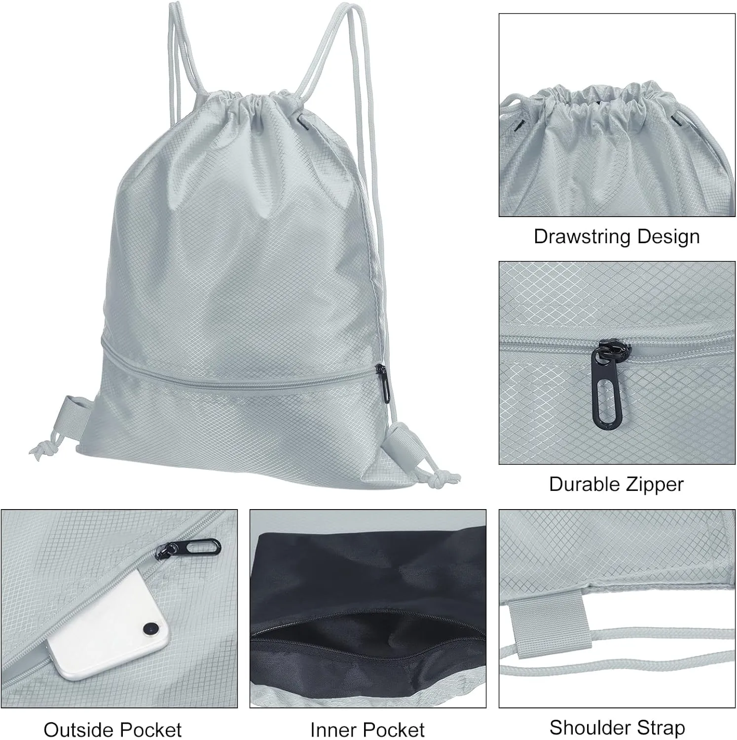 PATIKIL Drawstring Backpack Bag, Drawstring Gym Bags String Backpack with Zip Pocket for Women Men, Grey