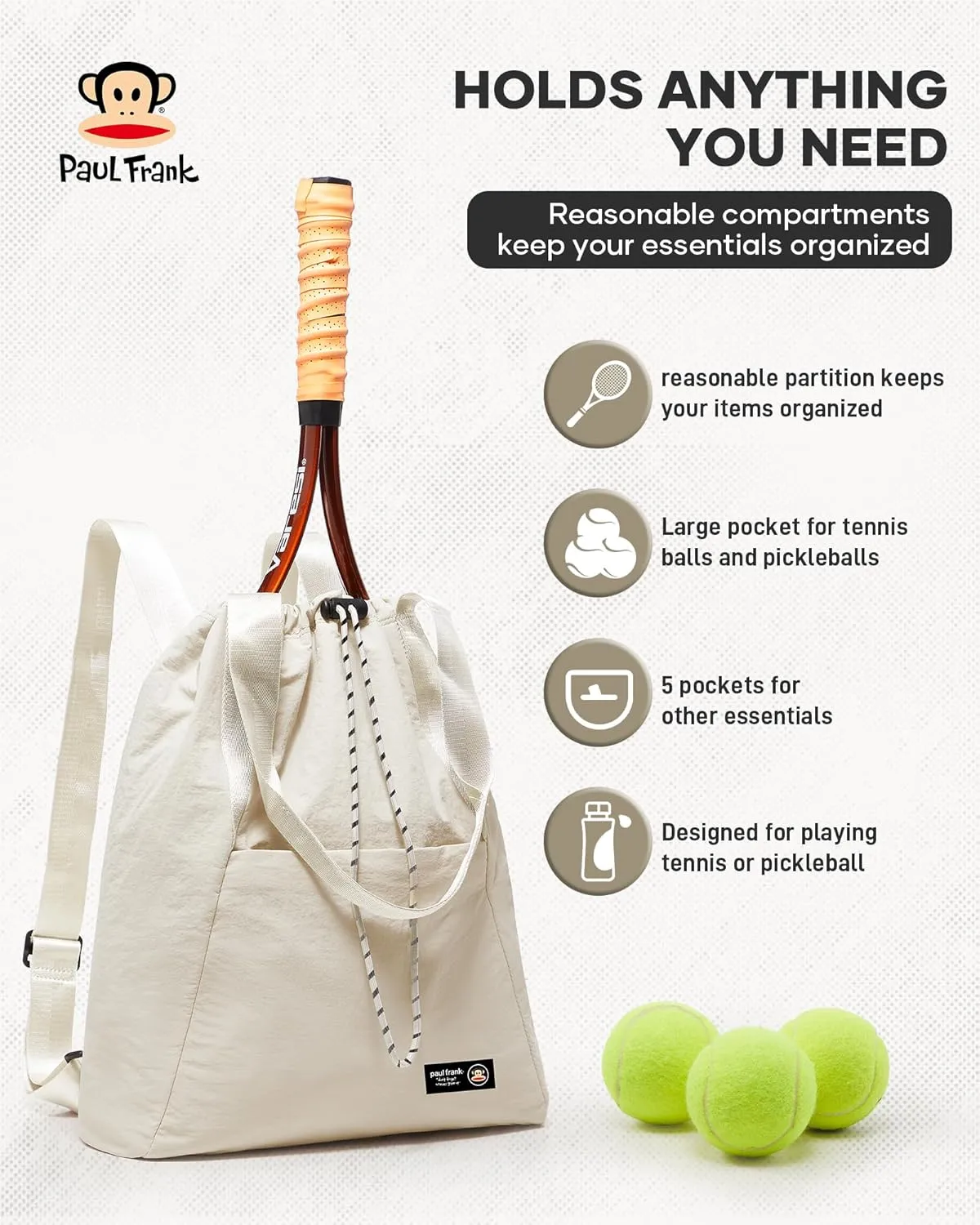 Paul Frank Tennis Bag,Tennis Pickleball Backpack For Women,Pickleball Bag,Gym Bags For Men Drawstring Backpack Holds 2 Rackets Beige