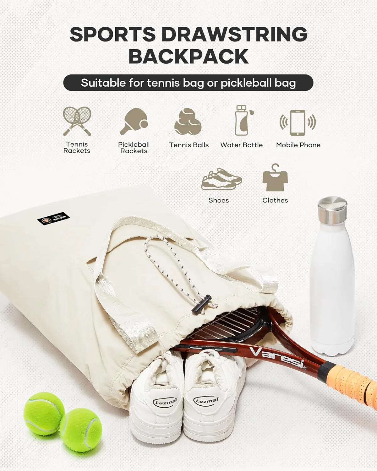 Paul Frank Tennis Bag,Tennis Pickleball Backpack For Women,Pickleball Bag,Gym Bags For Men Drawstring Backpack Holds 2 Rackets Beige