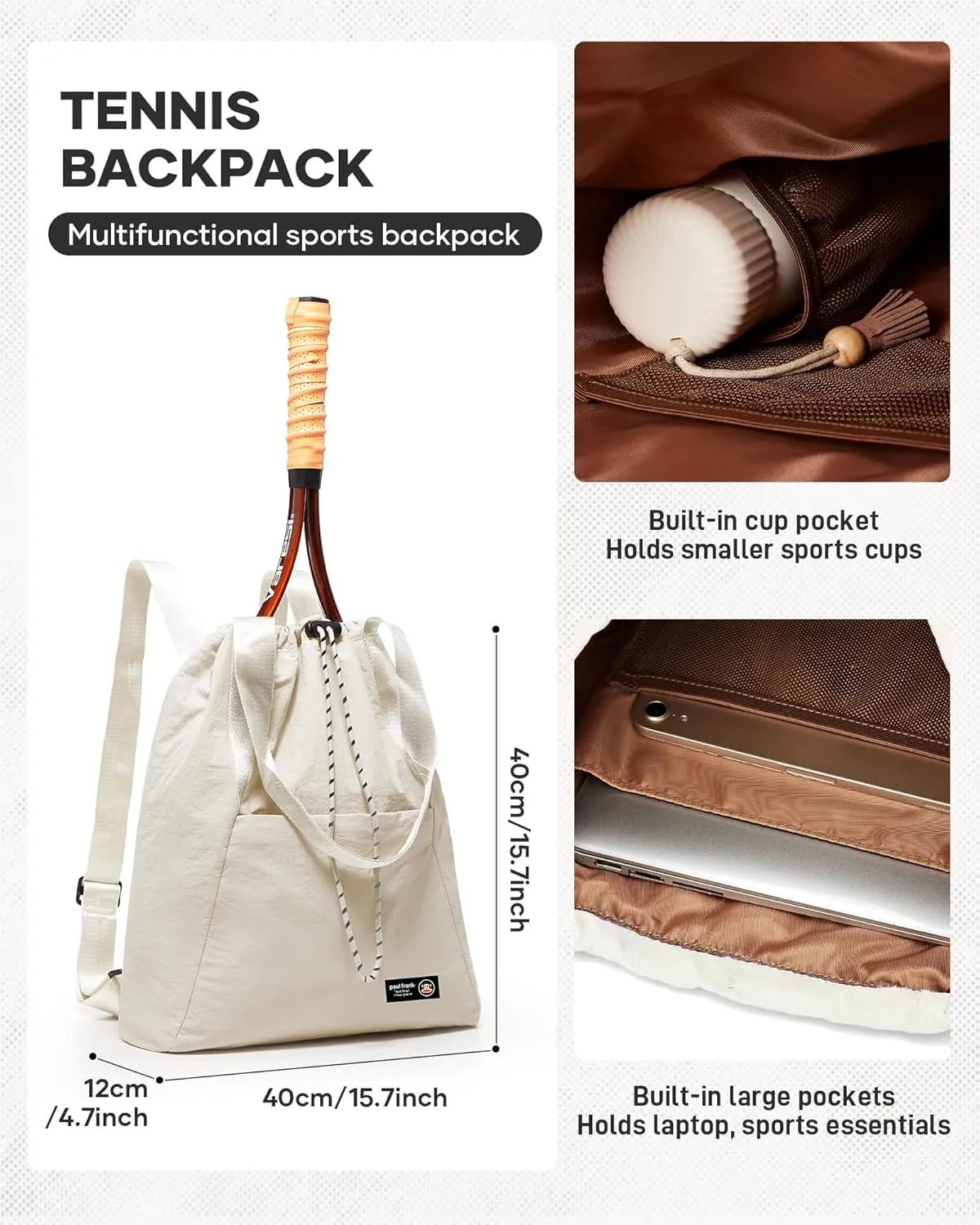 Paul Frank Tennis Bag,Tennis Pickleball Backpack For Women,Pickleball Bag,Gym Bags For Men Drawstring Backpack Holds 2 Rackets Beige