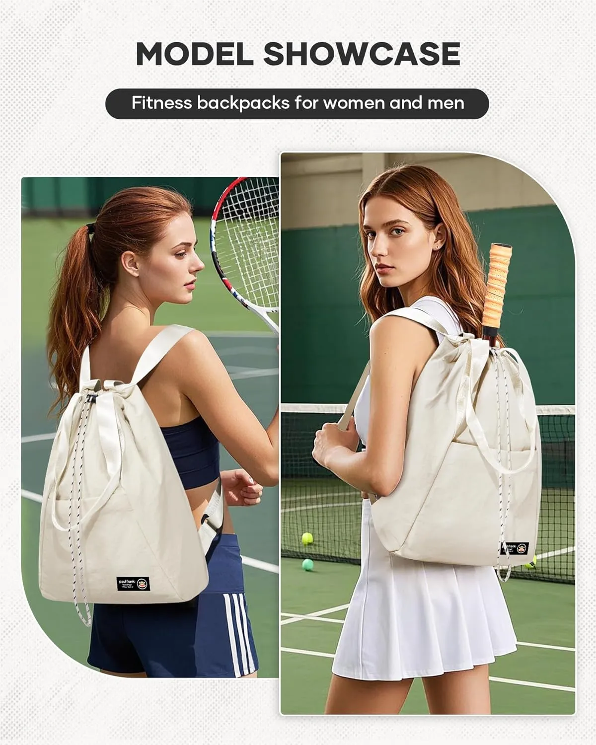 Paul Frank Tennis Bag,Tennis Pickleball Backpack For Women,Pickleball Bag,Gym Bags For Men Drawstring Backpack Holds 2 Rackets Beige