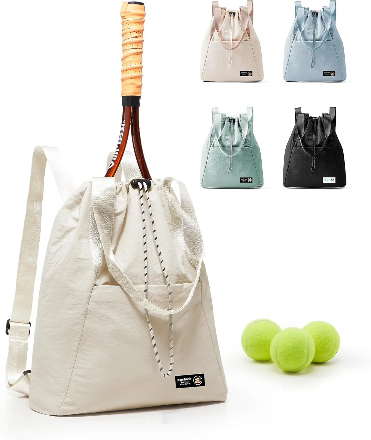 Paul Frank Tennis Bag,Tennis Pickleball Backpack For Women,Pickleball Bag,Gym Bags For Men Drawstring Backpack Holds 2 Rackets Beige