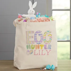 Personalization Universe Egg Hunter Easter Personalized Canvas Tote Bag with Handles, For Easter Eggs and Gifts, Available in Pink and Blue Design, Custom Easter Basket Alternative - Large 15" x 20"