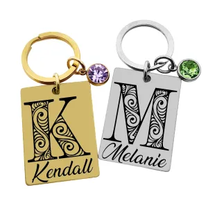 Personalized Monogram Key Chain, Name Key Ring in Gold or Silver, Birthstone Crystal, Custom Engraved Keychain for Her
