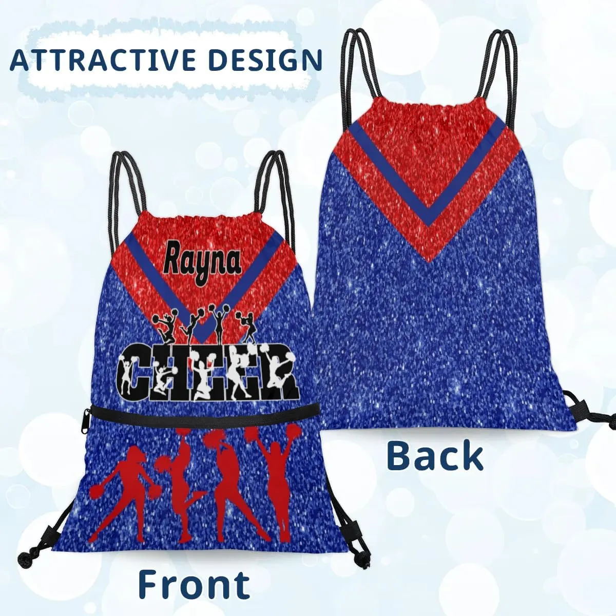 Personalized Name Pink Cheer Ballet Cheer Drawstring Bags For Cheerleaders Gymnastics Dance Sports Stuff Backpacks, Blue Red Glittering Cheerleading
