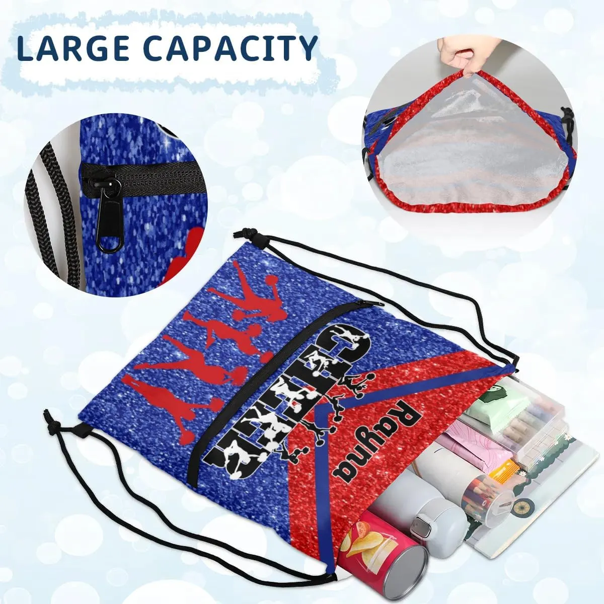 Personalized Name Pink Cheer Ballet Cheer Drawstring Bags For Cheerleaders Gymnastics Dance Sports Stuff Backpacks, Blue Red Glittering Cheerleading